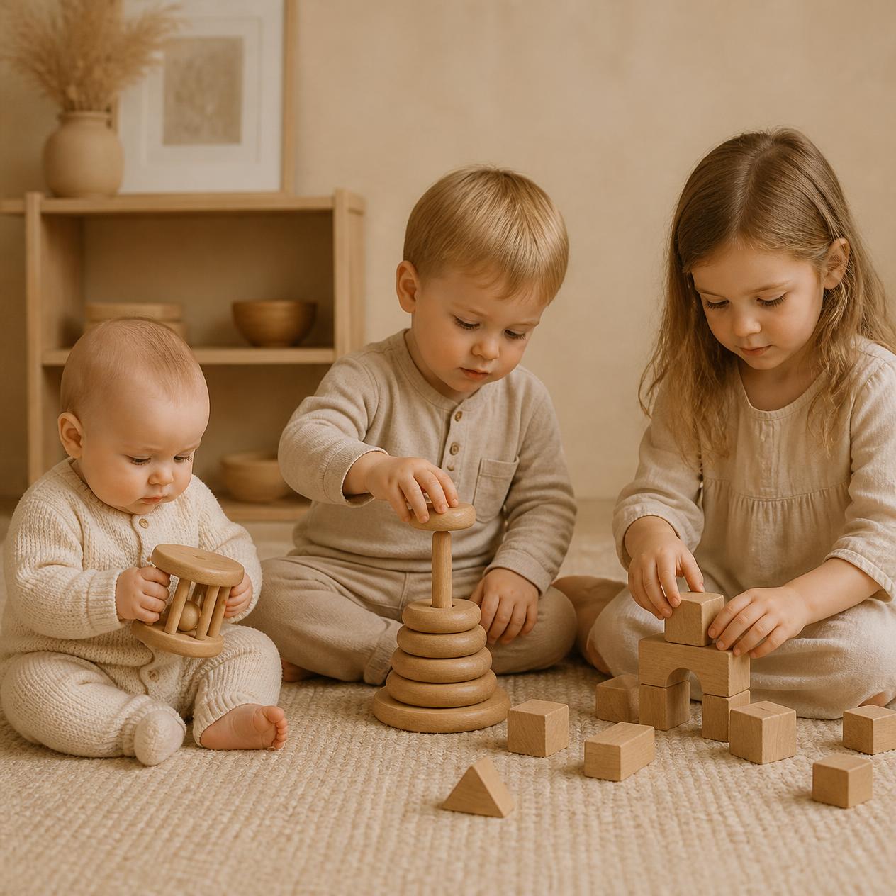 Children playing with natural wooden educational toys