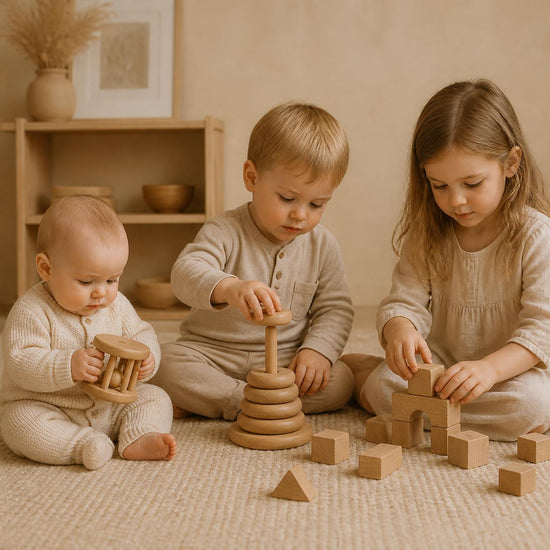 Children playing with natural wooden educational toys